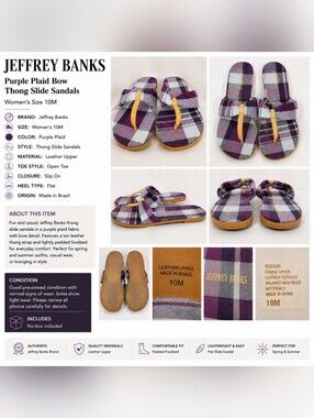 Jeffrey Banks Purple Plaid Bow Thong Sandals Women’s Size 10M
